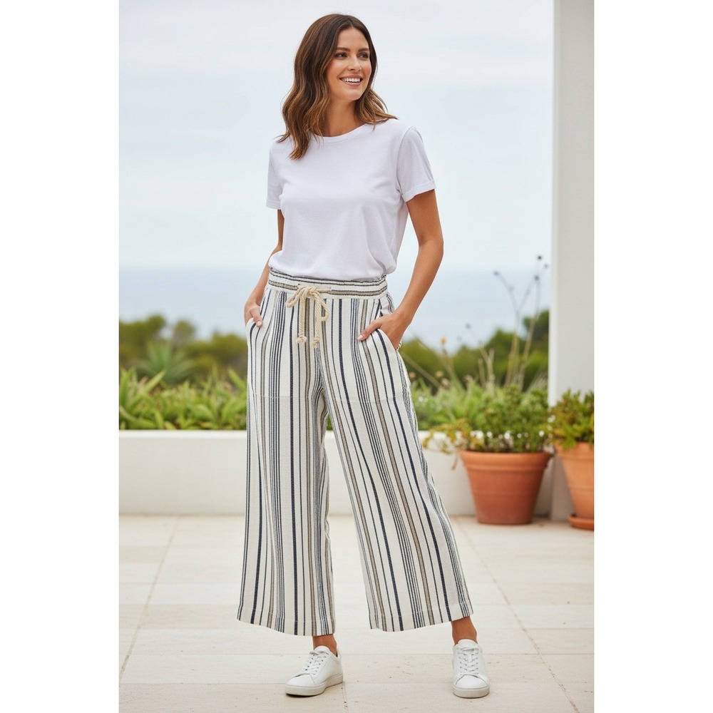 PAPAYA Striped Wide Leg Cropped Pants Women Drawstring Waist Size L